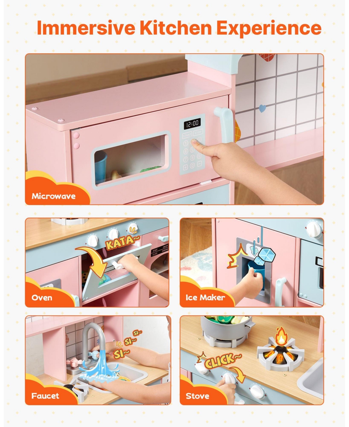 Mecale Wooden Play Kitchen for Kids, Toy Kitchen Set with Lights, Sounds, Ice Maker, Oven, Sink, Microwave, Fridge & Utensils, White