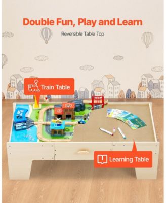 Train Table, 62 PCS Wooden Activity Table with Large Drawer, 3-in-1 Train Set for Playing, Drawing & Reading, Toy for Kids 3