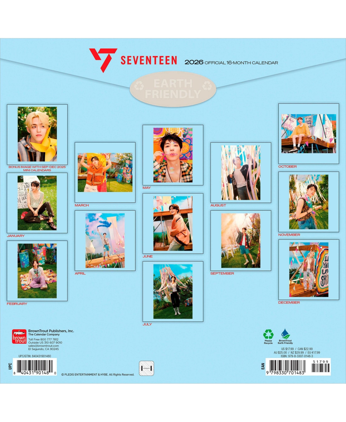 BrownTrout Seventeen Official | 2026 12 x 24 Inch (Hanging) Monthly Square Wall Calendar | Plastic-Free