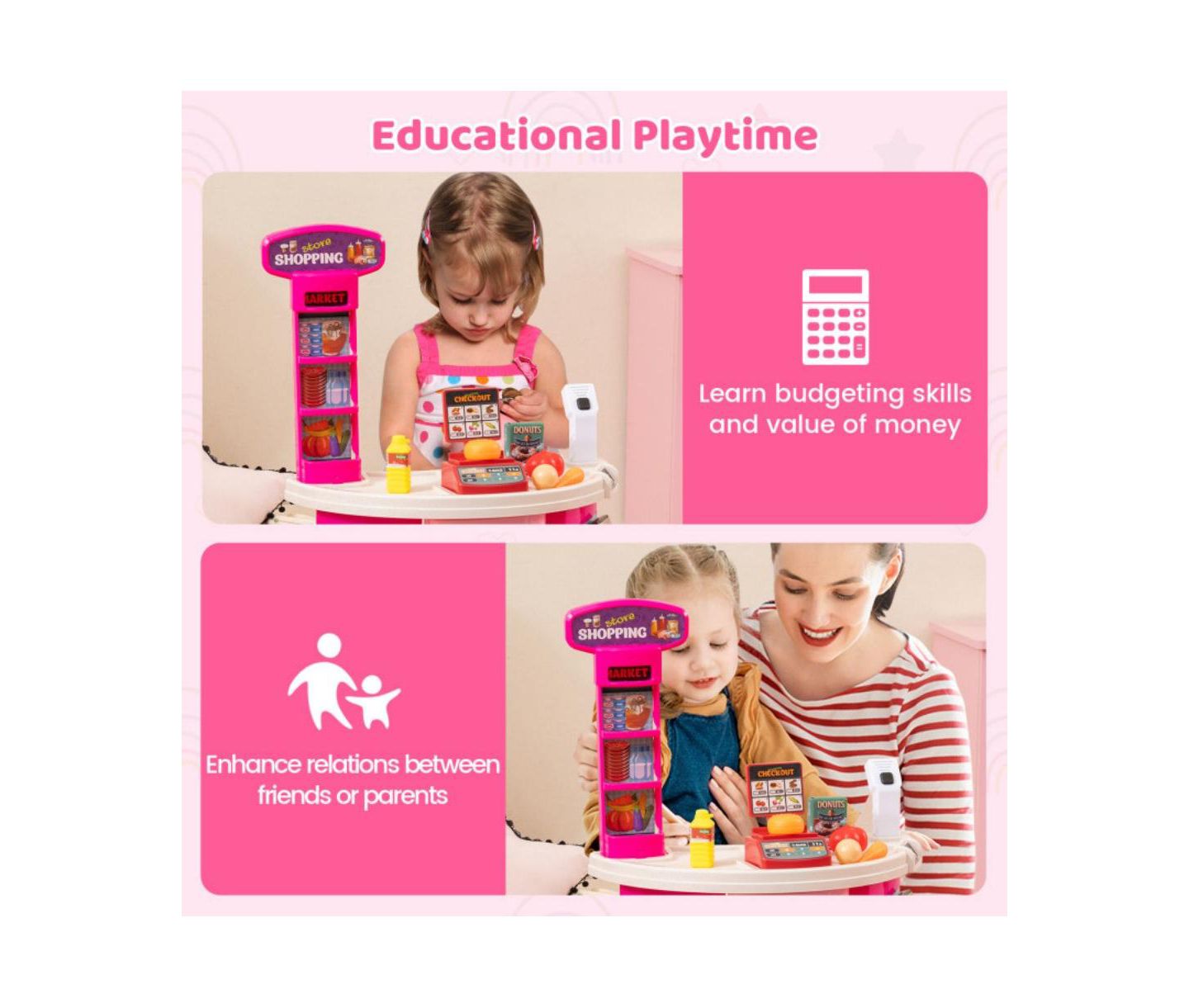 Детский игровой набор HONGGE 2-in-1 Light-and-Sound Scanner 76-Piece Supermarket Playset, Ages 3+, цвет: Розовый — фото 8