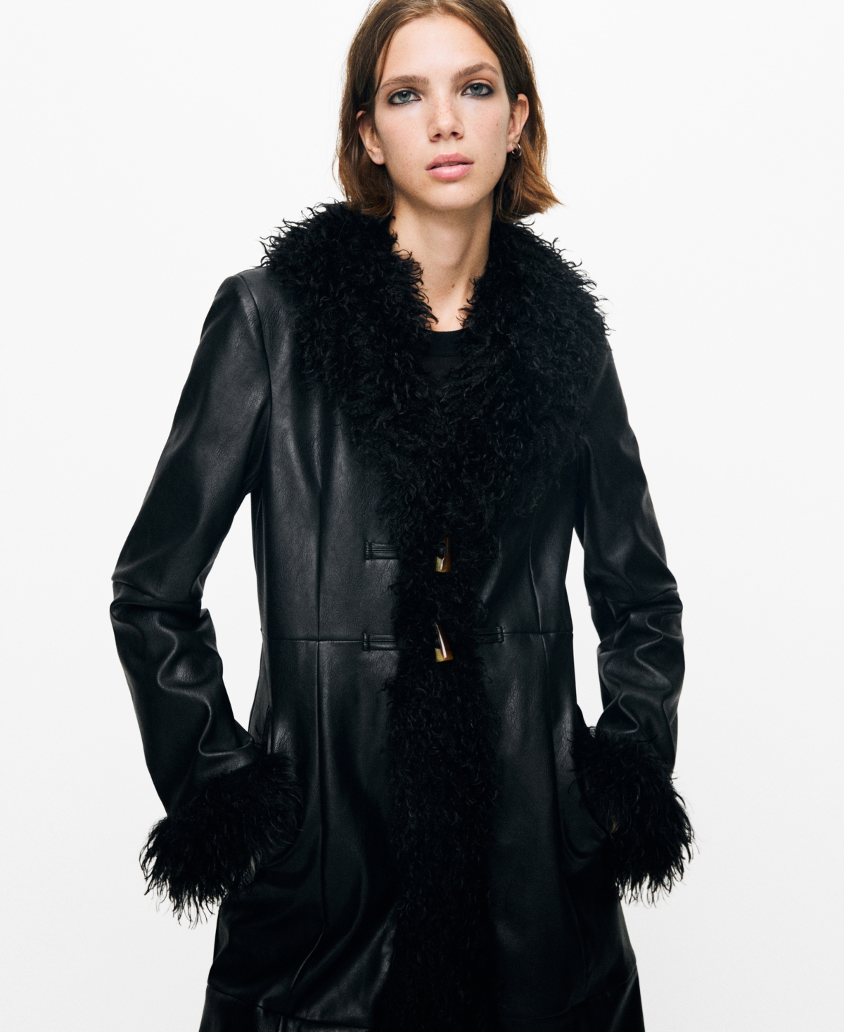 Mango Women's Fur Trim Faux-Leather Coat