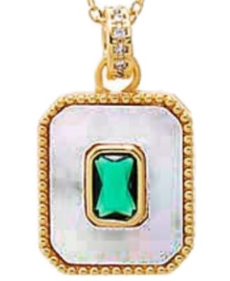 Green Cubic Zirconia Mother Of Pearl Dog Tag Necklace