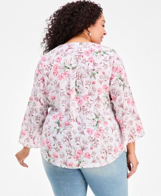 Plus Size Floral-Print Pintucked Top