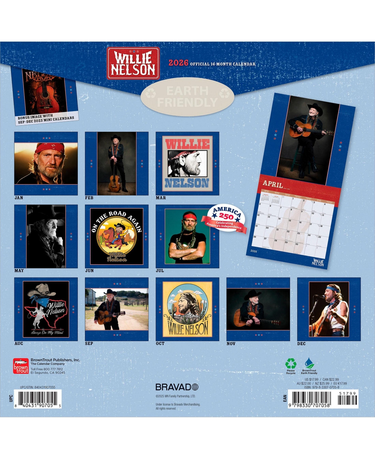 BrownTrout Willie Nelson Official 2026 12 x 24 Inch (Hanging) Monthly Square Wall Calendar Plastic-Free