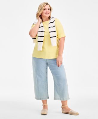 Plus Size Boat-Neck Elbow Sleeve Cotton Top