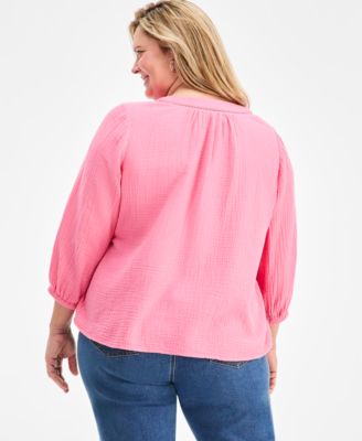 Plus Size Cotton Gauze V-Neck Top