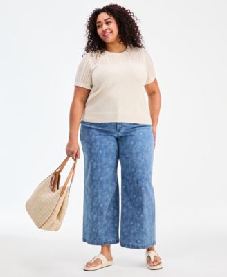 Plus Size Short-Sleeve Pointelle Sweater
