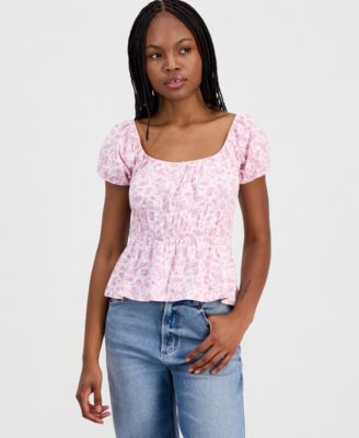 Juniors' Printed Puff-Sleeve Peplum Peasant Top