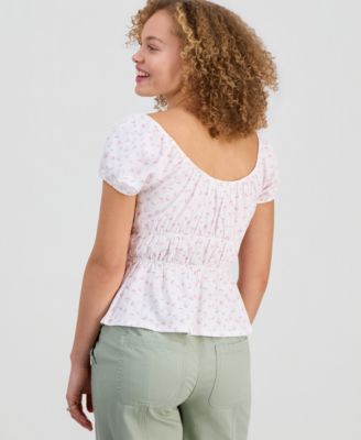 Juniors' Printed Puff-Sleeve Peplum Peasant Top