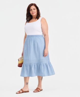 Plus Size Cotton Chambray Pintucked Pull-On Skirt, Macy's Exclusive