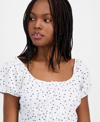 Juniors' Printed Puff-Sleeve Peplum Peasant Top