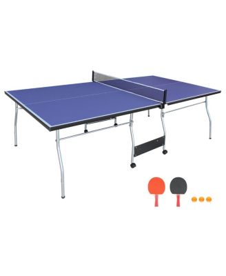 8FT Foldable Mid-Size Table Tennis Table with Net, Paddles and Balls, Portable Blue MDF Ping Pong Table for Indoor Home or Office Games-Rbied