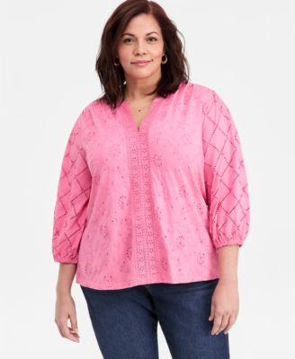 Plus Size Solid Split-Neck Eyelet Top