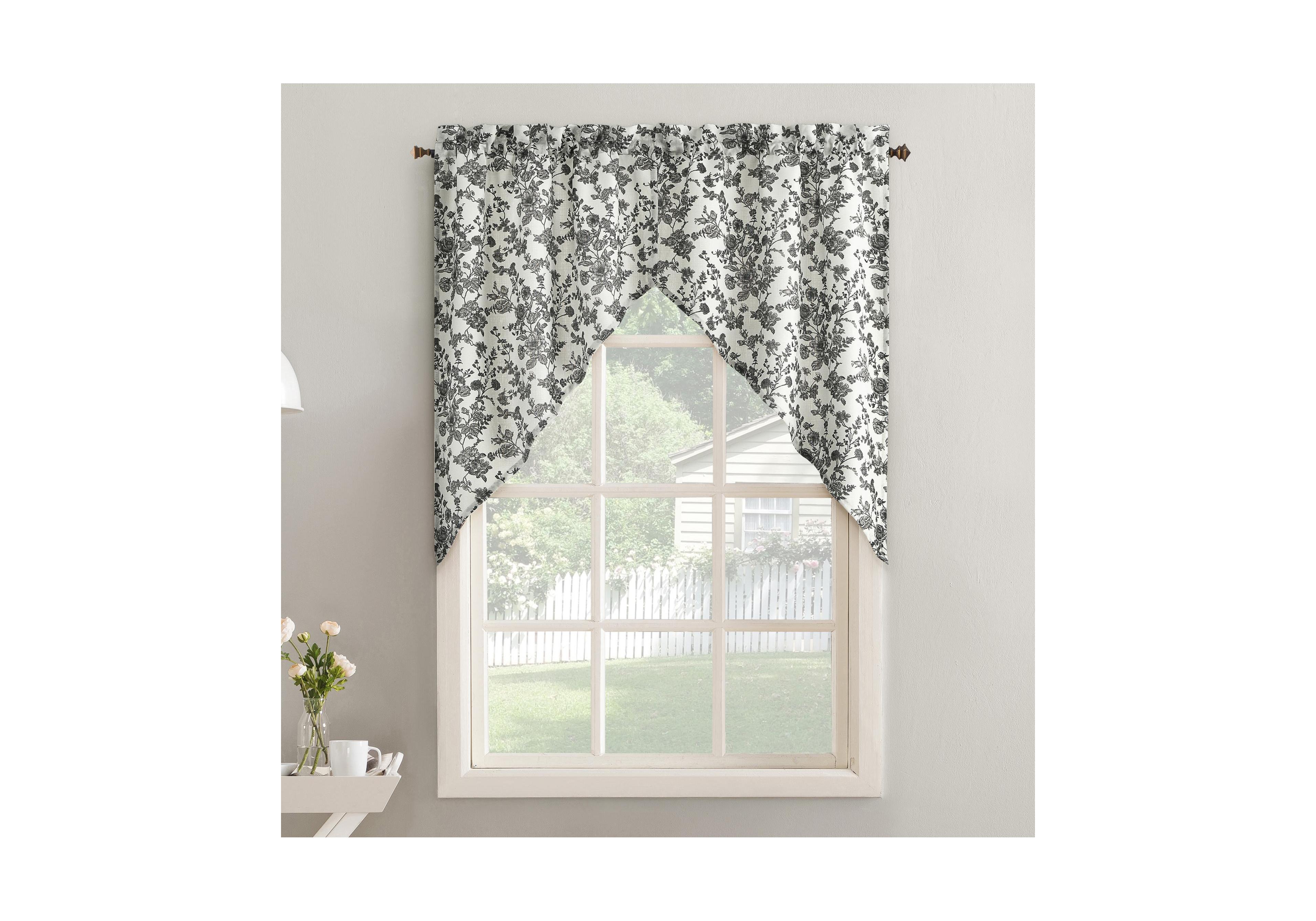No. 918 Elodie Tonal Botanical Semi-Sheer Rod Pocket Kitchen Curtain Swag Pair
