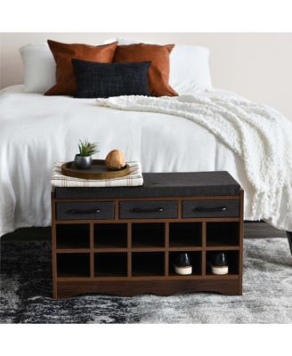 Entryway Storage Bench with Drawers, Shoe Compartments and Cushioned Seat in Mid Century Walnut Wood Grain