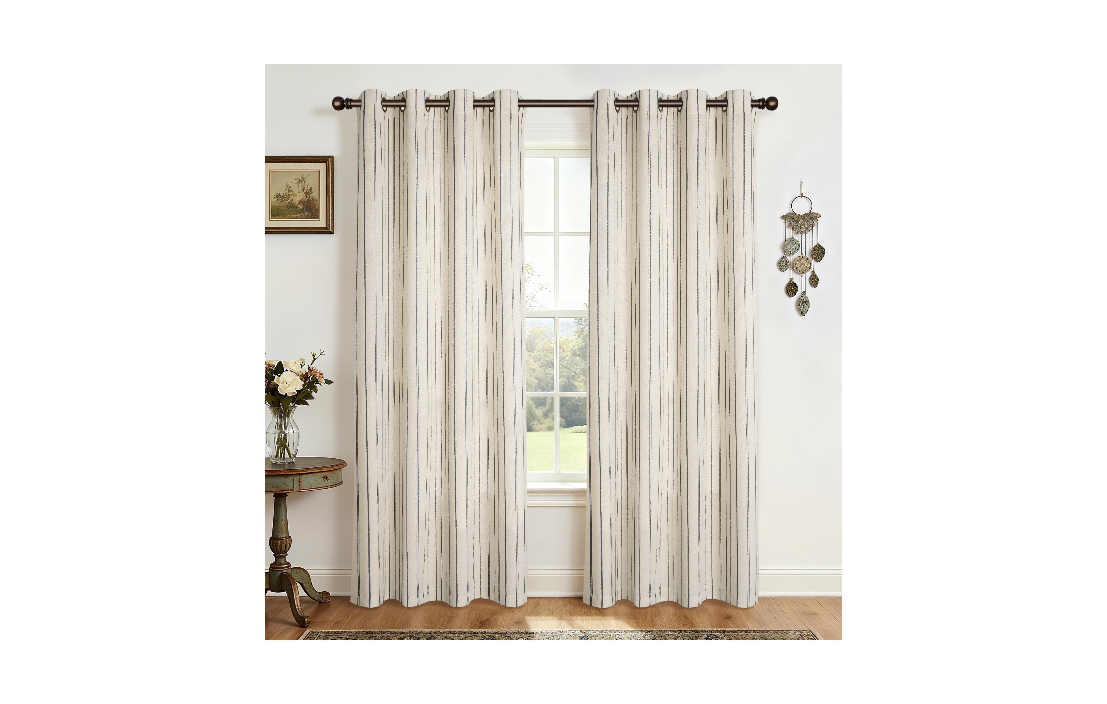 Awesome Home Linen Blend Geometric Striped Light Filtering Curtains Pair