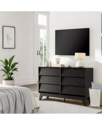 Fluted 6-Drawer Dresser With Faux Marble Top, Modern Curved TV Stand，Sturdy Storage Cabinet for TVs Up to 55"