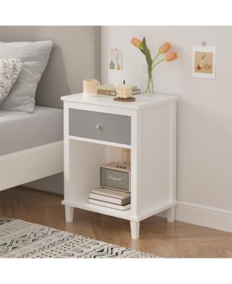 Wooden Nightstand with Drawer and Open Shelf with Silver Handle for Kids & Adults