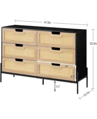6-Drawer Rattan Dresser, Natural Woven Fronts with Solid Metal Legs