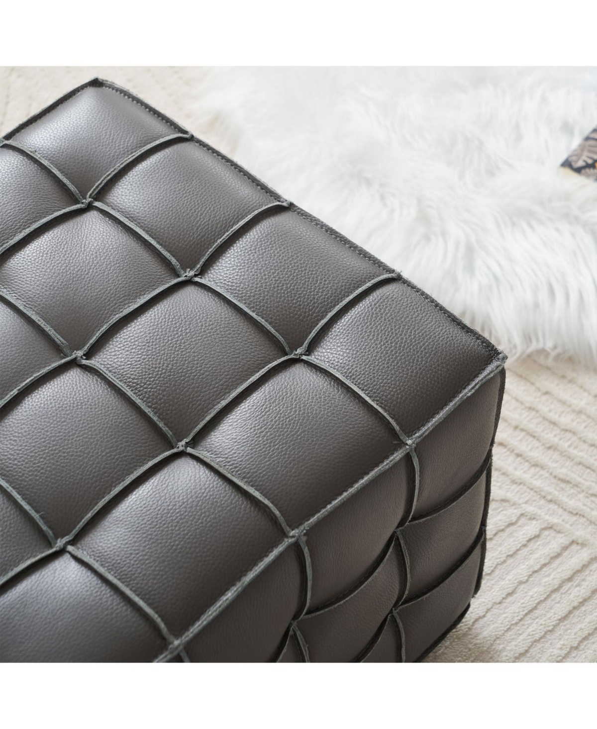 Streamdale Furniture Streamdale Genuine Leather Tufted Ottoman, Footstool for Living Room & Bedroom, Grey