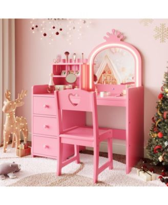 Kids Vanity Desk with Mirror and Lights, Wooden Makeup Vanity with Chair, Storage Shelves and Drawers, 2-in-1 Girls Dressing Table