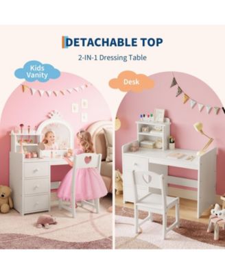 Kids Vanity Desk with Mirror and Lights, Wooden Makeup Vanity with Chair, Storage Shelves and Drawers, 2-in-1 Girls Dressing Table