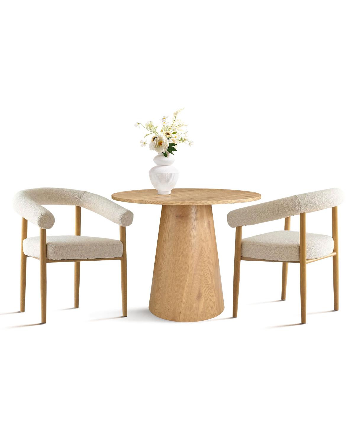Maison Boucle 3-Piece Round Dining Table Set for 2 with Boucle Armchairs, Modern Wood Finish Table and Upholstered Chairs for Small Spaces