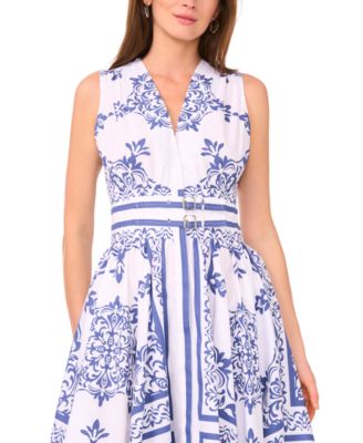 Women's Sleeveless V-Neck Buckle Trim Midi Dress