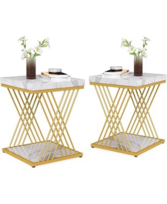 Square End Table White Gold 2-Tier Side Table (2, Faux Marble White+Gold)