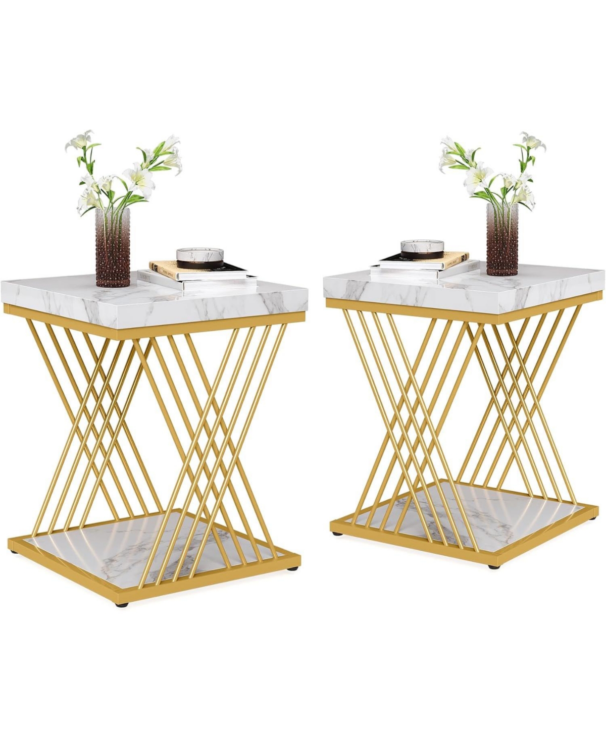 Tribesigns Square End Table White Gold 2-Tier Side Table (2, Faux Marble White+Gold)