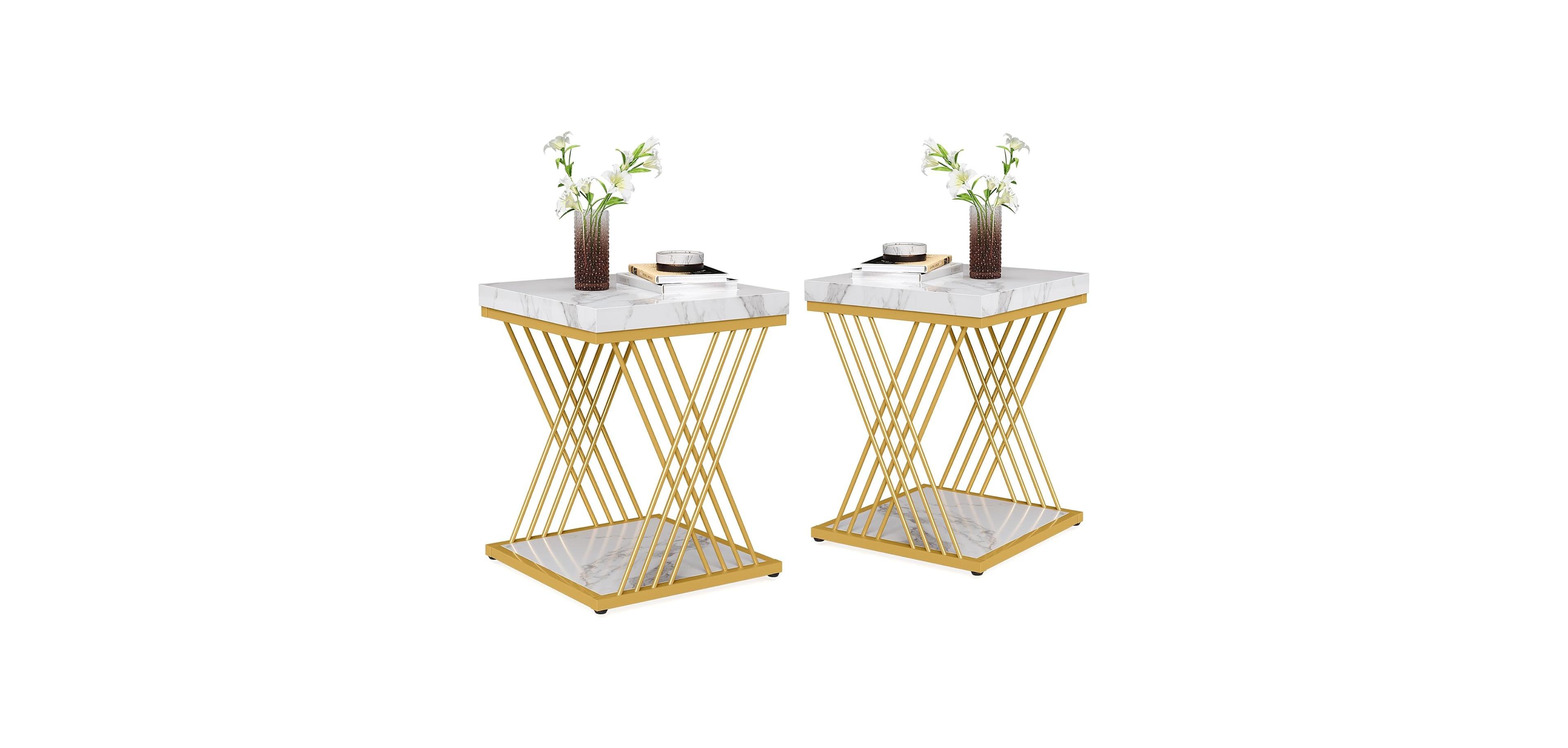 Tribesigns Square End Table White Gold 2-Tier Side Table (2, Faux Marble White+Gold)