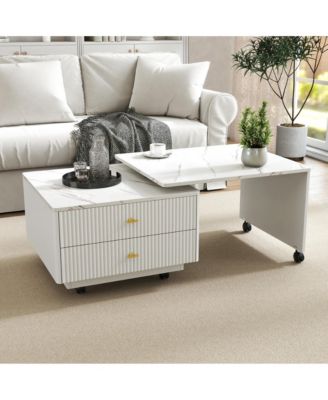 Extendable Coffee Table with Storage, Reversible Living Room Table with 2 Drawers and with 6 Wheels