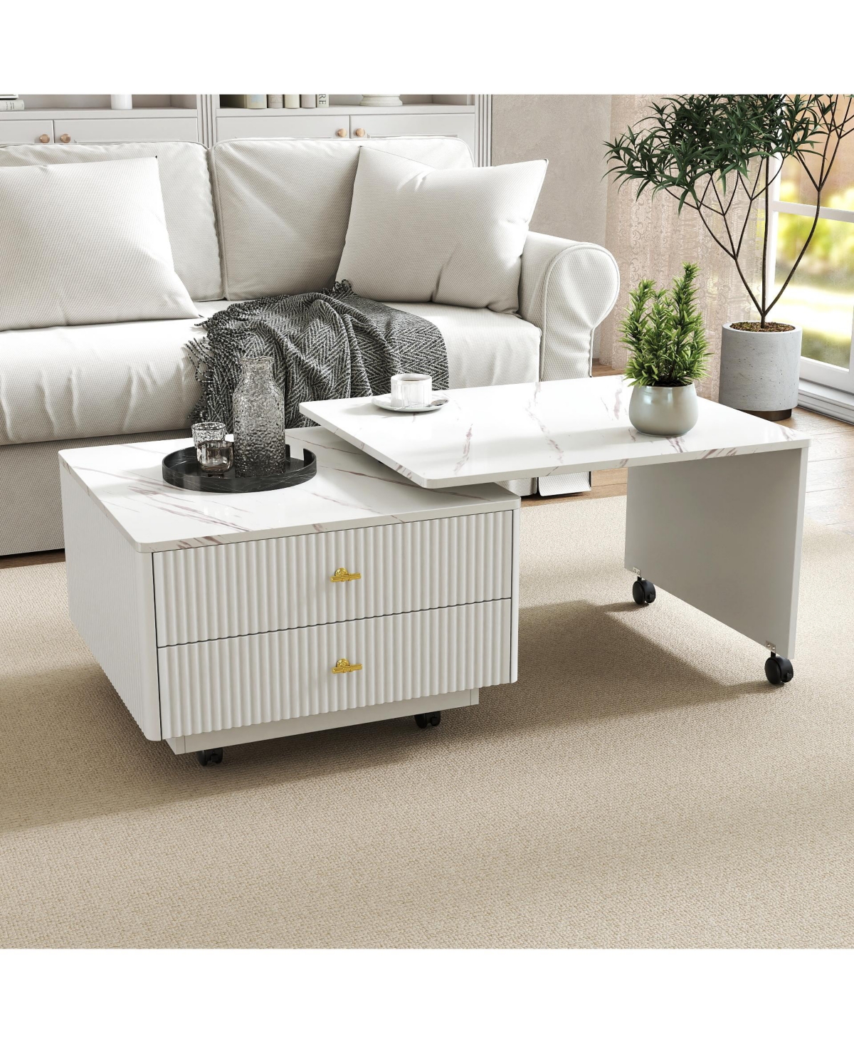 Lovmor Extendable Coffee Table with Storage, Reversible Living Room Table with 2 Drawers and with 6 Wheels