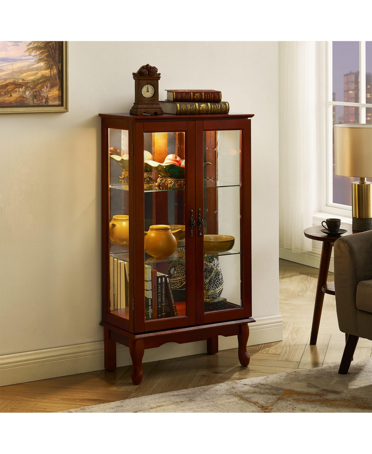 Lovmor Curio Display Cabinet with Interior Lighting Mirrored Panel and Classic Style