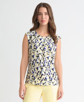 Women's Printed Pleat-Neck Extended-Sleeve Top, Regular & Petite