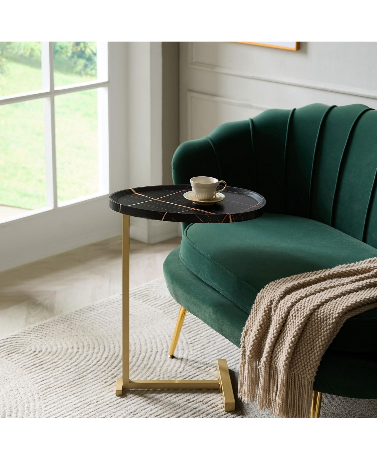 Kings Brand Furniture Wood and Gold Metal C-Shaped Side Table for Sofa, Snack or End