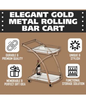 Gold Rolling Bar Cart with Glass Shelves & Wine Rack