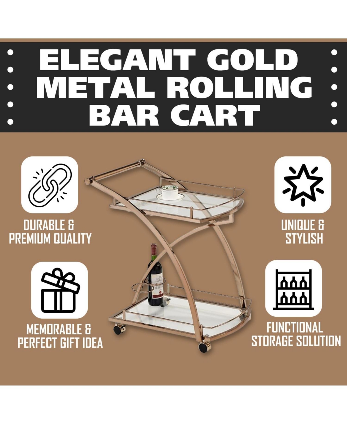 Kings Brand Furniture Gold Rolling Bar Cart with Glass Shelves & Wine Rack