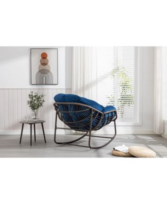 Navy Blue Outdoor Rattan Rocking Chair with Cushion