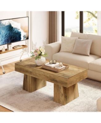 Farmhouse Coffee Table, 47 Inch Wooden Rectangular Center Table with Thick Base
