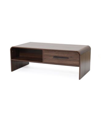 Walnut Finish 2-Drawer Coffee Table, Engineered Wood Open Storage Center Table with Rounded Corners for Living Room
