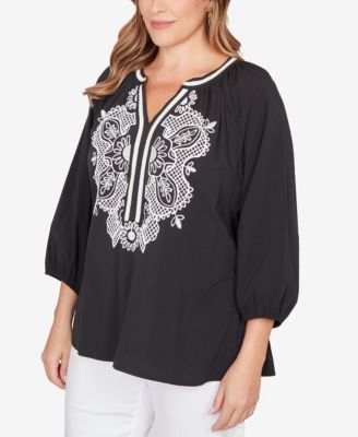 Plus Size Embroidered Soft Poplin Peasant 3/4 sleeves Top