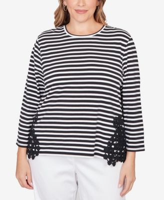 Plus Size Crew Neck Stripe Cotton Lace Applique Top