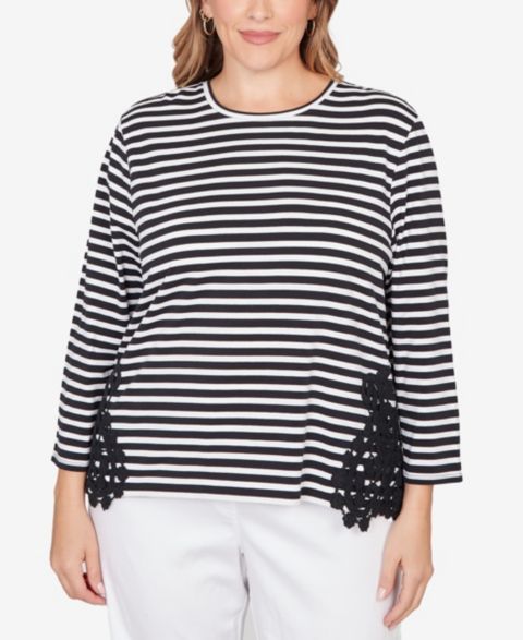 Женский топ Ruby Rd. Plus Size Crew Neck Stripe Cotton Lace Applique, цвет: Чёрный / Белый