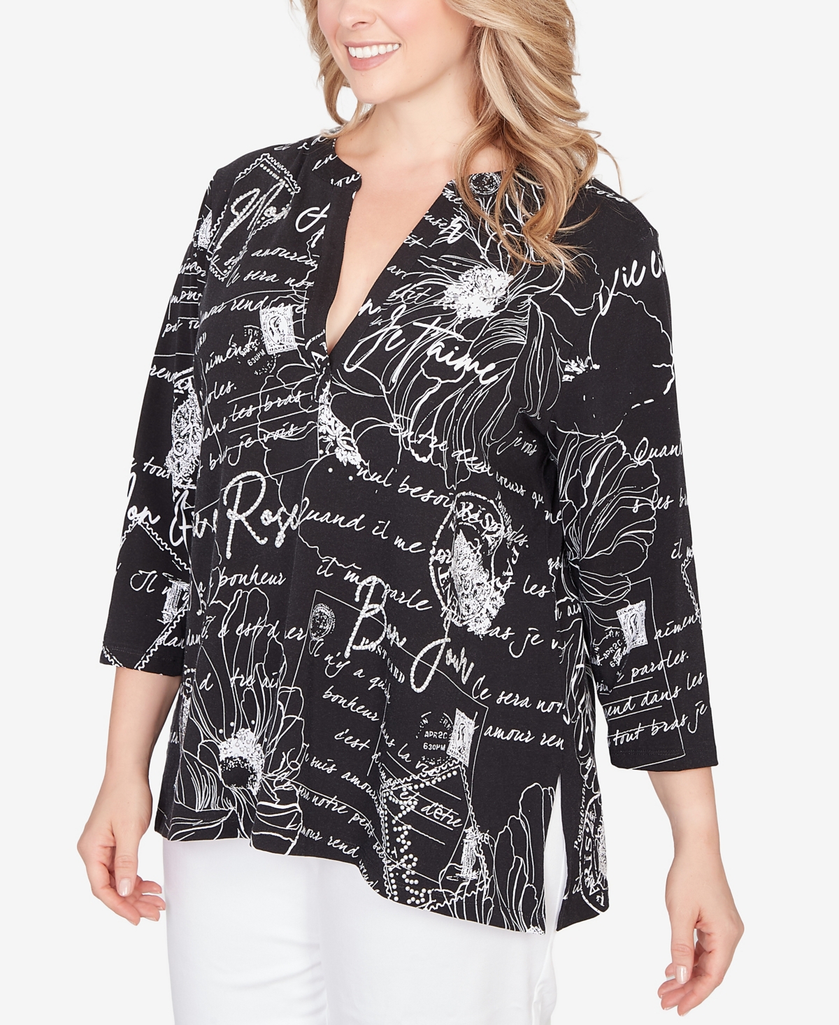 Ruby Rd. Plus Parisian Print Embellished Knit Top