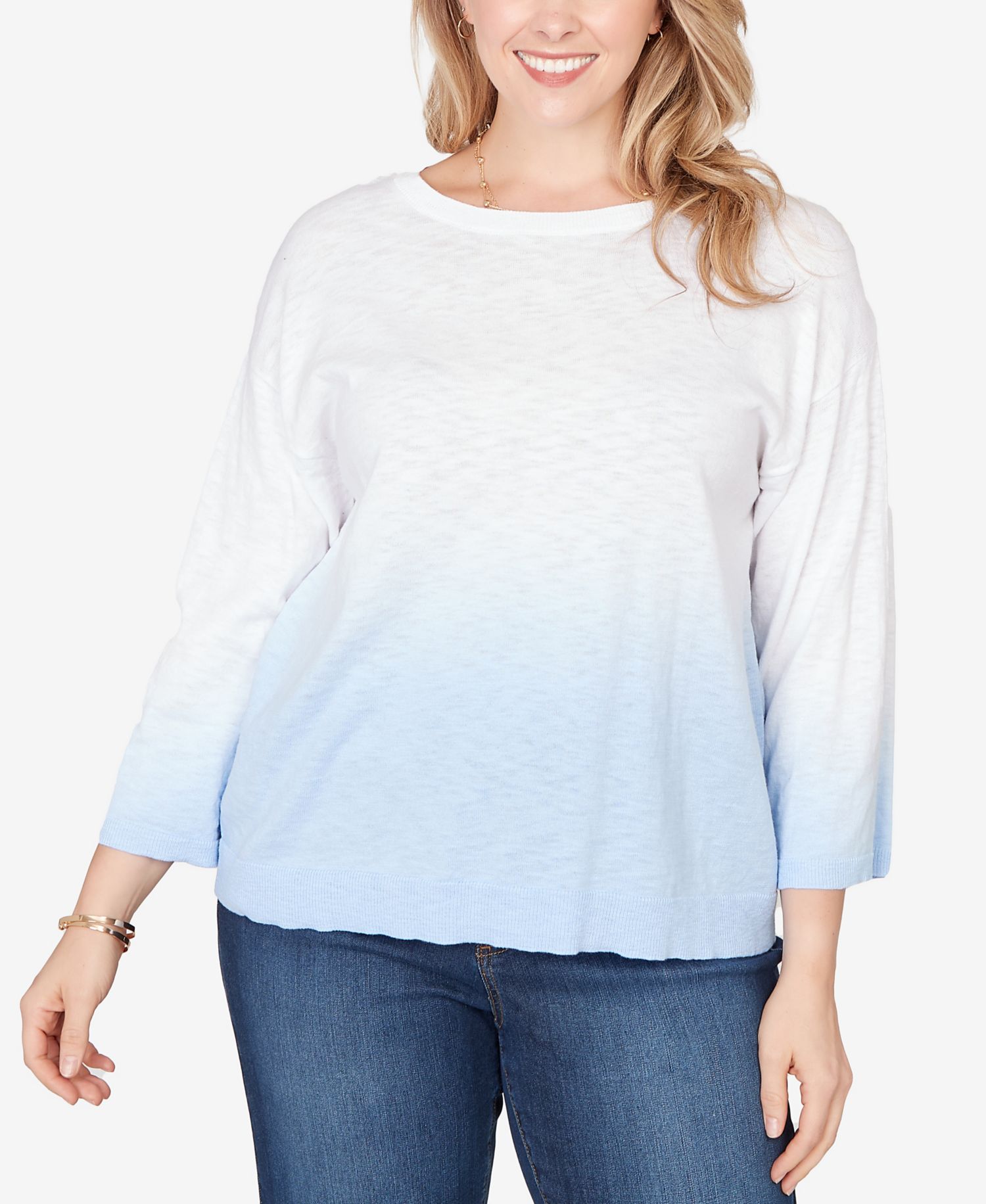Plus Size Dip Dye Ombre Cotton Pullover Sweater