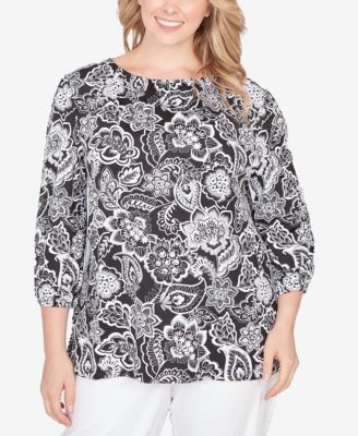 Plus Size 3/4 sleeves Dotted Floral Puff Print Knit Top