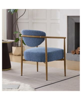 Blue fabric dining/living/bedroom chair with metal frame, wood grain visual.