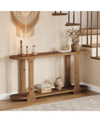 63 Inch Solid Wood Console Table, Farmhouse Couch Table Behind Sofa with 2-Tier Shelf for Hallway, Foyer, Entrance