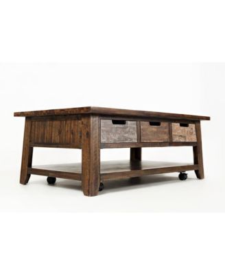 Rustic Solid Acacia 50" Coffee Table with Pull Through Drawers and Caster Wheels